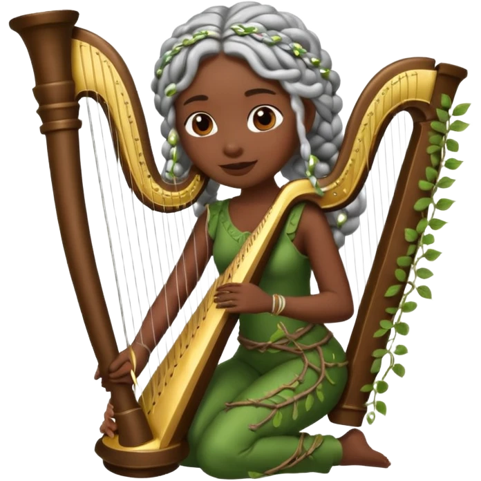 forest emoji character, dark skin woman with silver braids playing harp made of vines emoji