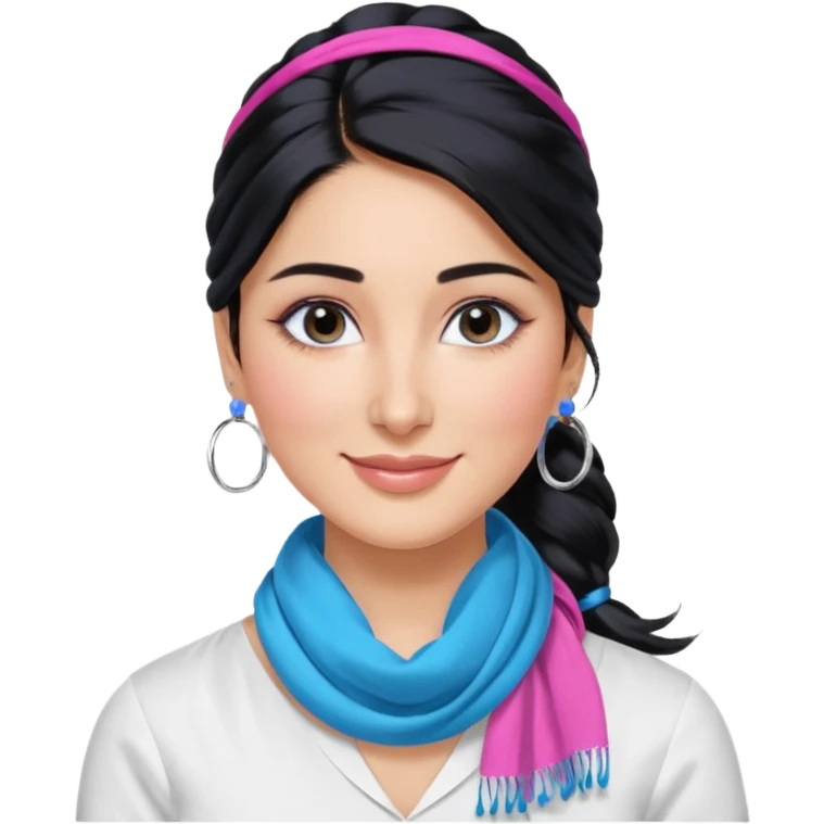 generate a pretty bratz emoji 
Make her wear a white shirt with a colorful blue-pink scarf wrapped around her neck. smiling big. Black hair tied into a side part ponytail, silver hoops and no necklace

She should look exactly  like Kareena Kapoor. kajal under eyes emoji