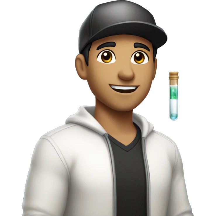 "Light-skinned Latino male with short black hair, wearing a backward cap front to back. Brown eyes, slightly thick lower lip, smiling. Holding a test tube in one hand. Gamer emoji
