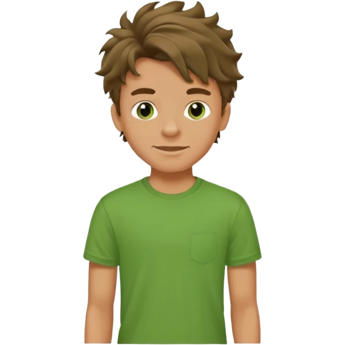 A teenage boy, tanned, wearing a green t-shirt , blue jeans and green sneakers with brown wavy tousled hair, smirking emoji