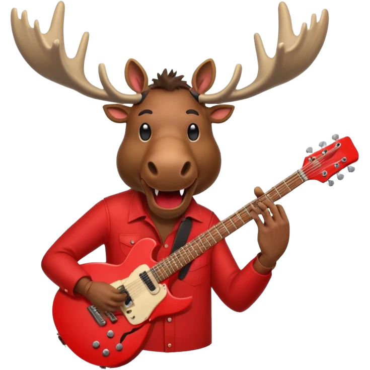 A evil moose headed man with a red electric guitar. The guitar should be pointing directly in the air. And the moose man should look evil and intimidating. emoji