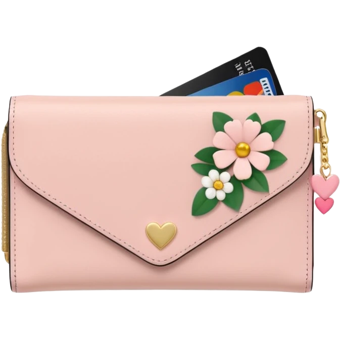 Pale Pink cute Wallet with heart charm, credit cards inside and flowers growing from it, clean aesthetic emoji