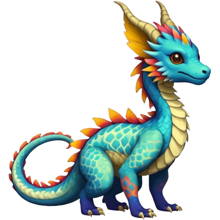 Beautiful pretty cool edgy elegant realistic Feral Rare Fantasy colorful vibrant Vernid-Trico-Haku-dragon-species-Fakemon-creature by LiLaiRa, random markings, tufted tail, tufted ears, full body emoji
