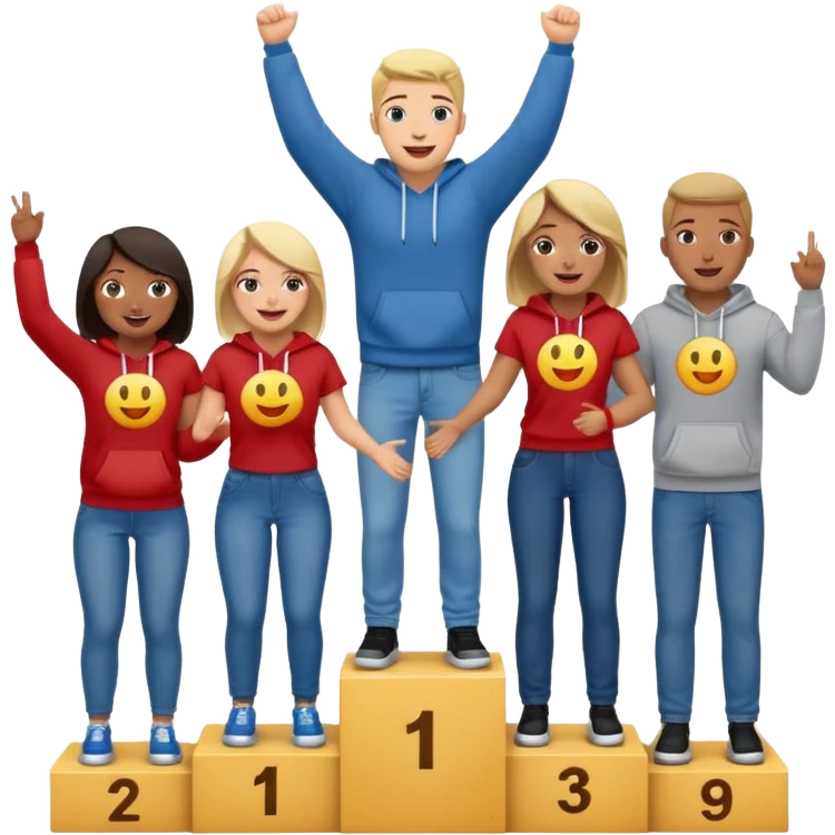 multi-racial group on a winners’ podium with the middle step higher, all in jeans, t-shirts, and hoodies, excited, fun, expressive emoji style emoji