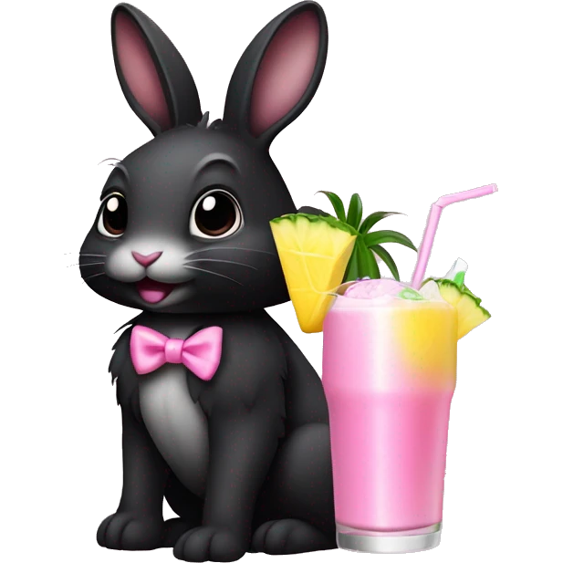 Dark Black bunny, wearing a pink bow, holding a pina colada emoji