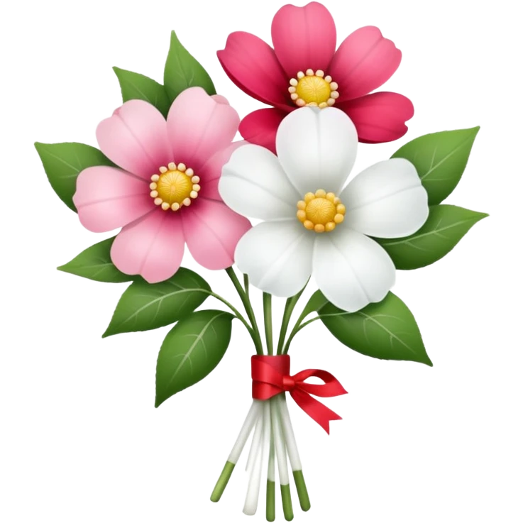 One pink flower and one white flower in transparent bouquet with red band  emoji