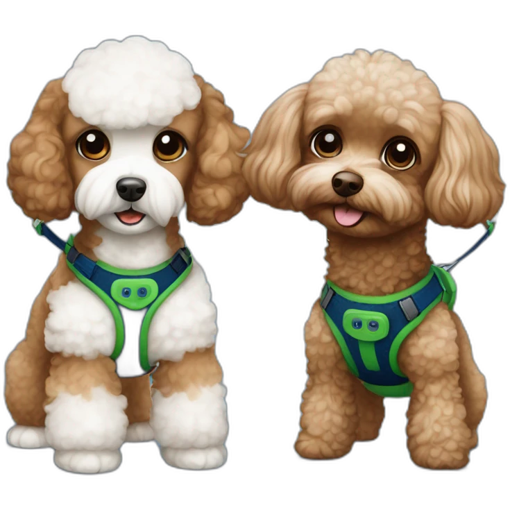 Brown toy poodle with dark blue harness and white Maltese with green harness emoji