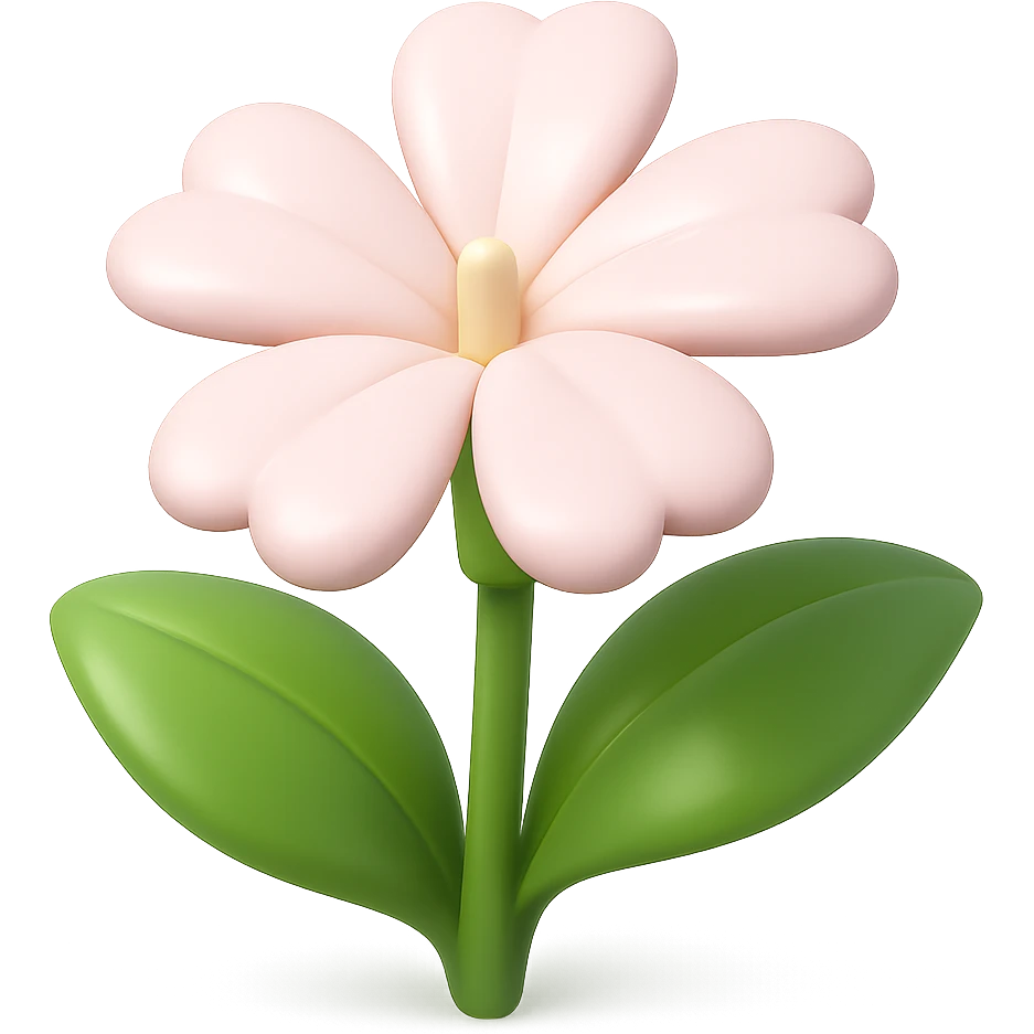 Create a 3D iOS-style cartoon soapwort (Saponaria) flower with exaggerated cute pale pink petals and big green leaves. The flower should have playful proportions, soft lighting, and a glossy effect. No background, and do not include a face or smile. Style should be in the GPT Image style as requested. emoji