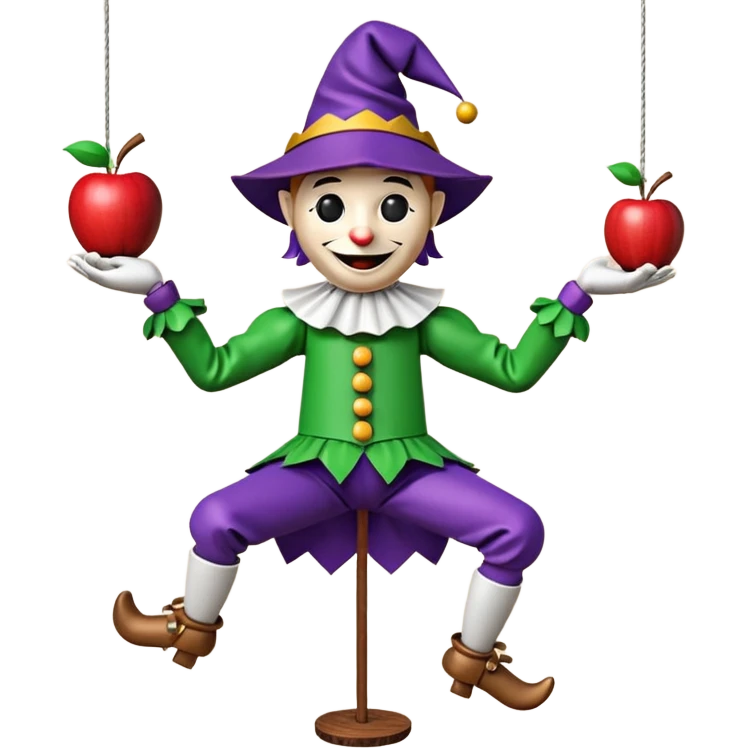 3D render of Jester Puppet as a wooden marionette puppet, Floppy hat, strings on hat, silver metal screw joints at elbows and knees, polished brown wood texture, rigid toy pose, Apple emoji style, isolated on white background --v 6.0. emoji
