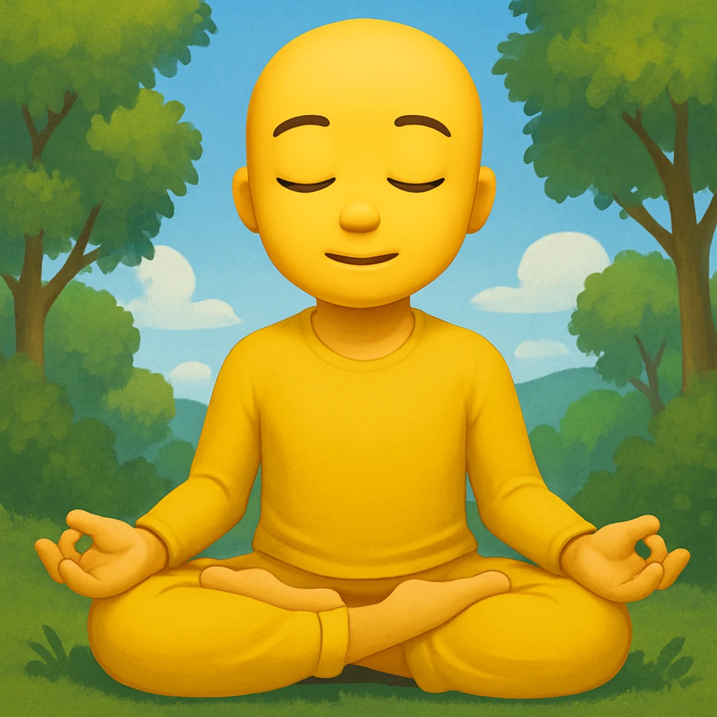 Add a peaceful nature background with trees and sky behind the meditating emoji, keep the classic emoji style emoji