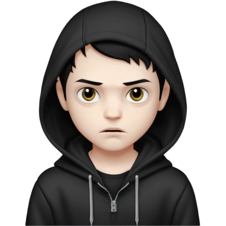 Vampire boy with the short black hair, pale scin, black eyes, little fangs and dark circles under his eyes. He has serious face and he wear a black hoodie emoji