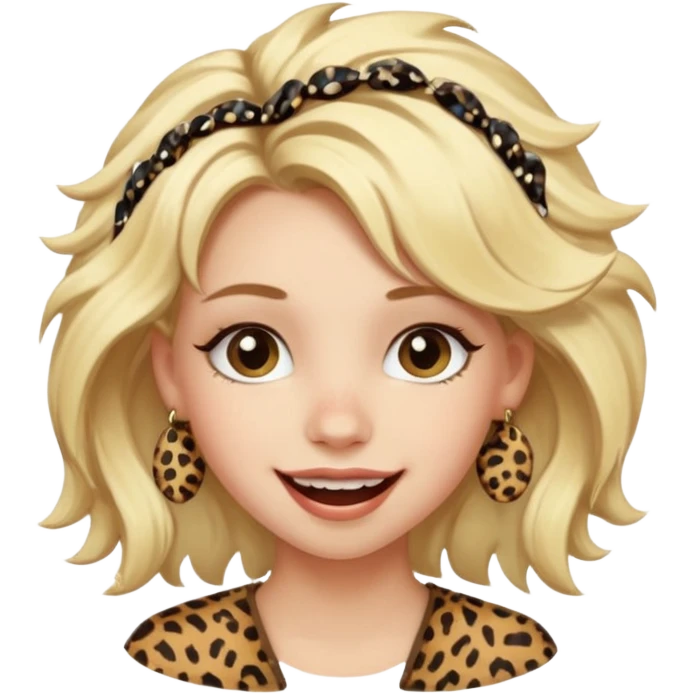Une fille blonde et joyeuse. Elle porte une coiffure rock et originale avec des pinces pour cheveux  léopard et motif peau de vache. emoji