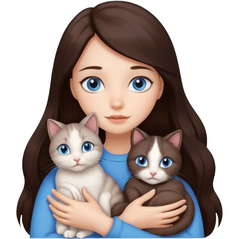 a pretty girl with long dark 
brown hair, with blue eyes, hugs 3 different natural coloured small cats emoji