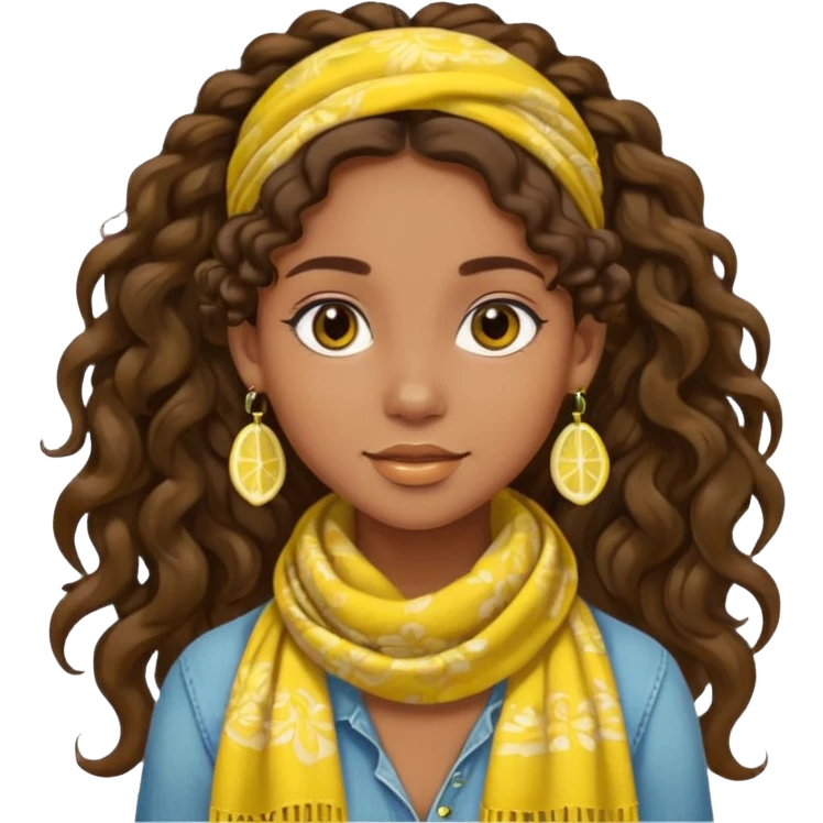 boho girl with brown skin, long curly brown hair in a ponytail, lemon yellow scarf, round earrings emoji