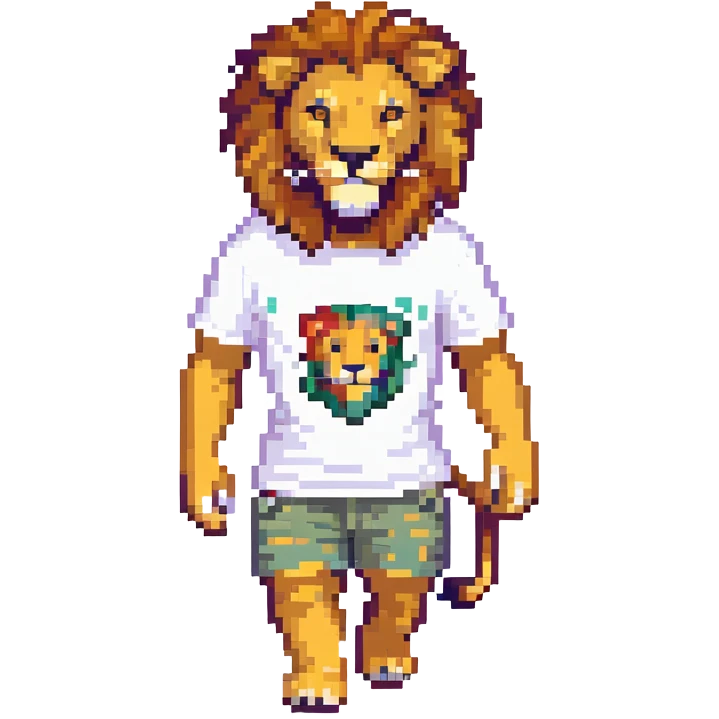 retro 1950s anthropomorphised lion in a t-shirt and shorts walking emoji