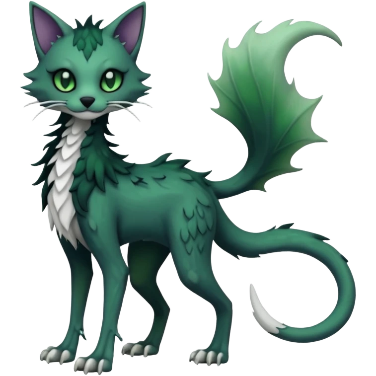 Kawaii spectral spooky dark bleak blackish swampy white-skeletal gloomy ghostly dark greyish dark-deep-greenish foggy eldritch beautiful realistic edgy fantasy ghoul-like stitched feline-vernid-sergal-fursona animal creature with a tufted tail full body with intricate markings  emoji