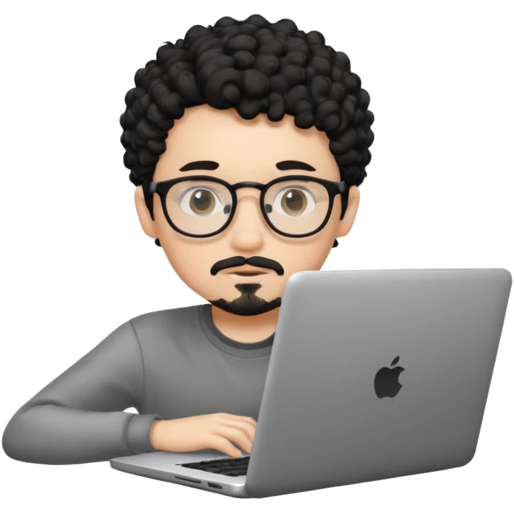 A young boy DEVELOPER WITH A laptop, black curly short hair, wearing glasses, a thin goatee, his skin is white emoji