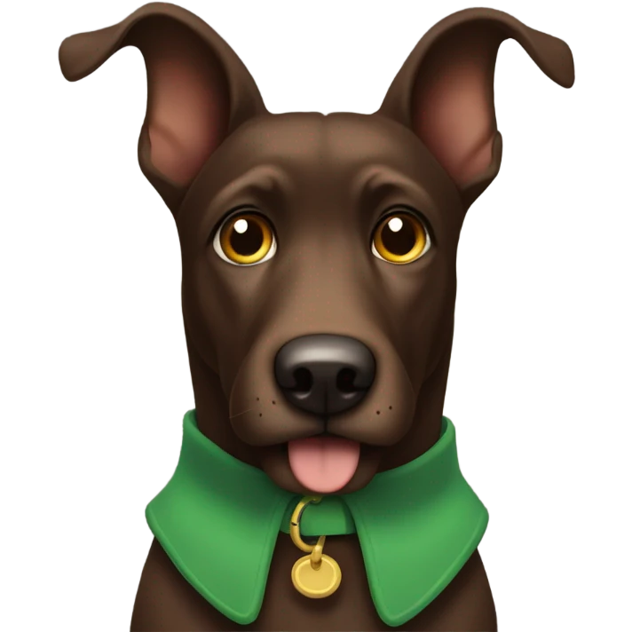 Old Dark Brown dog with floppy ears, and a green collar and a brown nose  emoji