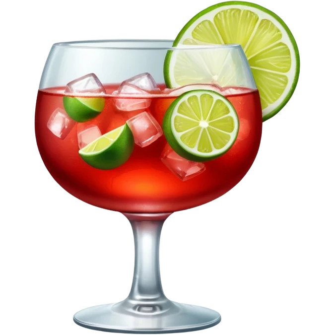 A round wine glass filled with bright red Campari tonic, lots of ice, and a lime wedge on top. emoji