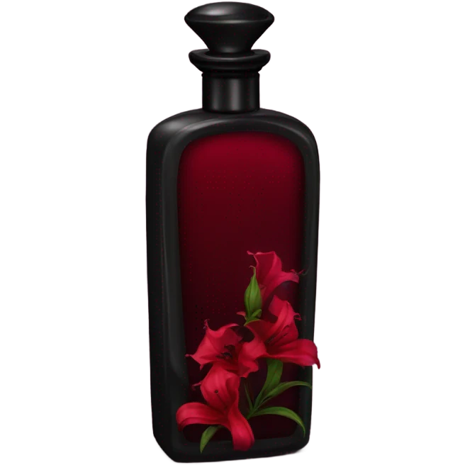 Dark red gothic perfume bottle with red bellflowers and a black ribbon emoji