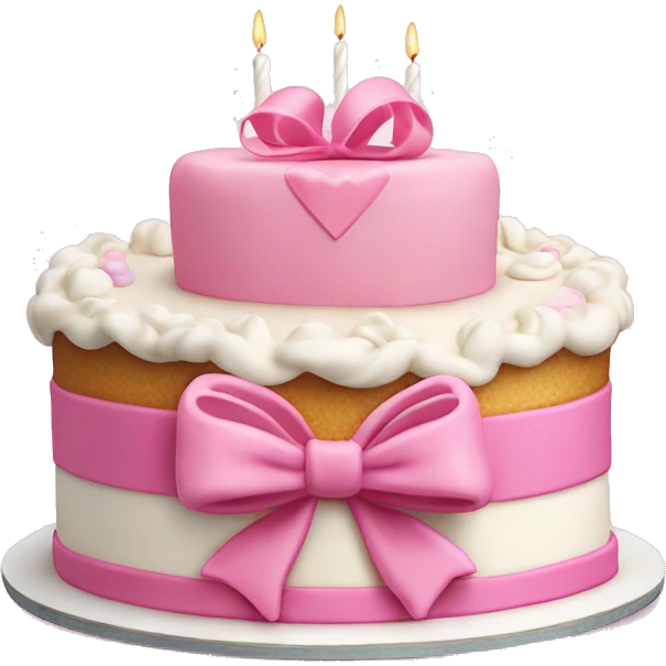 Heart shaped birthday cake with a huge pink bow and white vintage frosting  emoji
