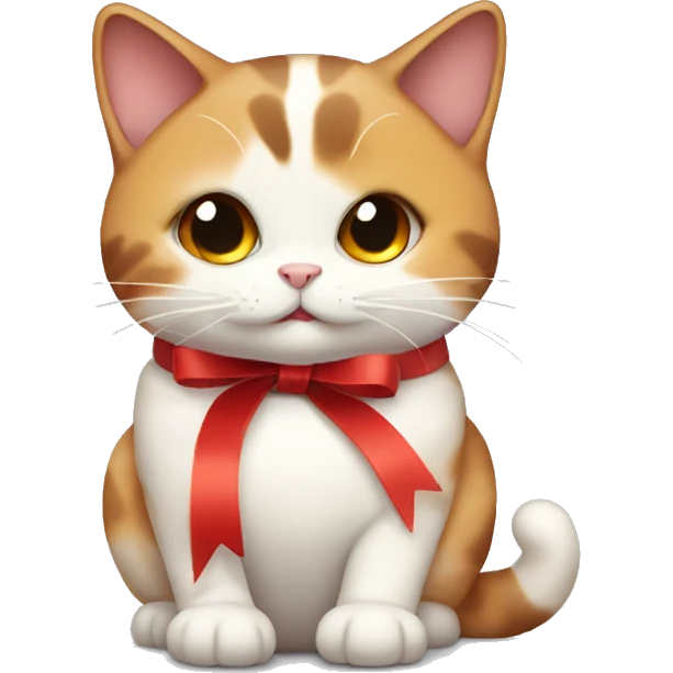 Chubby Calico cat wearing a red ribbon around its neck  emoji