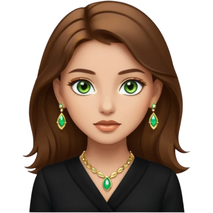 Μια κοπέλα καστανή με μαύρα ωραία ρουχα και σκουλαρίκια και κοσμήματα και βαμμένη ελαφρό και πράσινα μάτια τα κοσμήματα λίγα και χρυσα emoji
