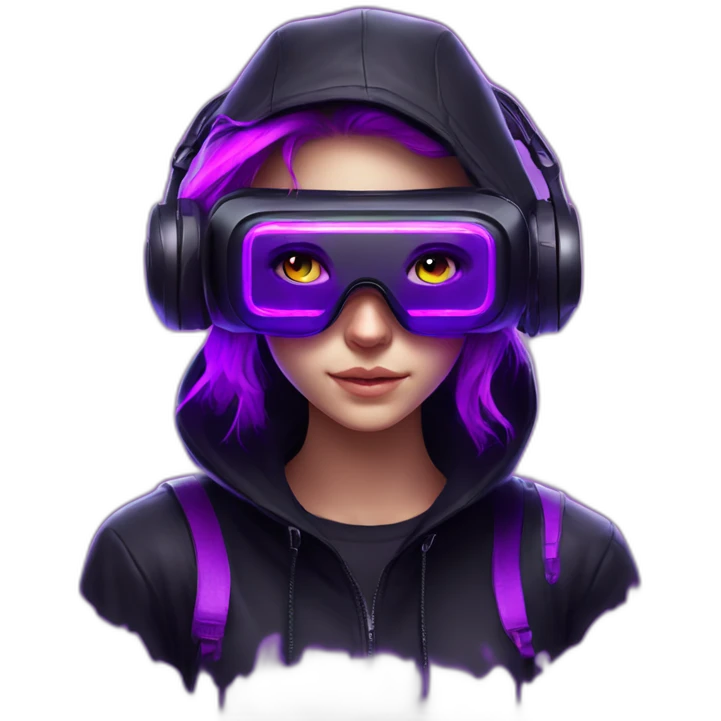 Russian student in the black hoody with violet letters "OMG VR" on it wearing vr headset. Cyberpunk style. Violet neon. emoji