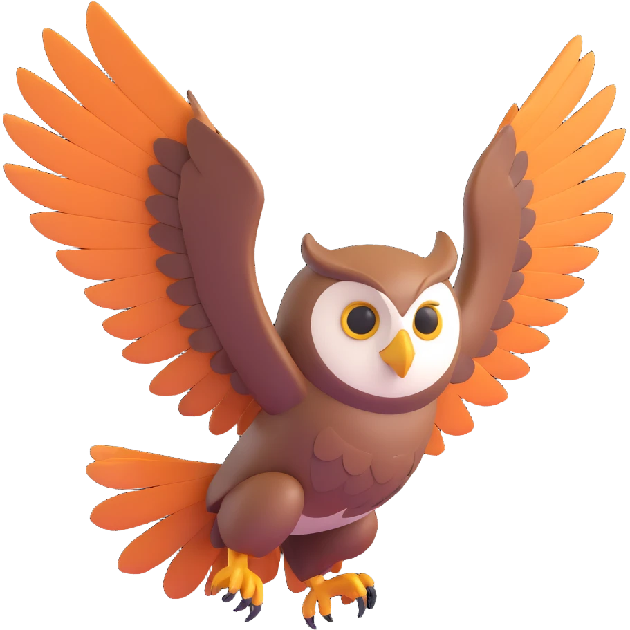 an owl launching from a branch, wings in motion, feathers detailed emoji
