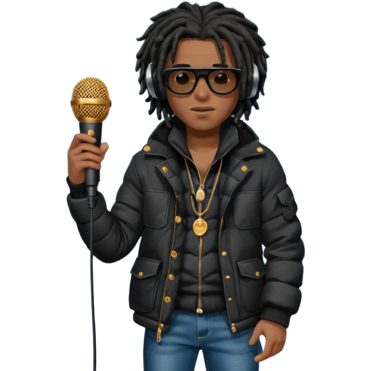 African American man brown skin complexion with black dreadlocks shoulder length wearing black bubble winter coat wearing black sunglasses with denim skinny jeans and timberland boots wearing headphones and rapping into a studio microphone emoji