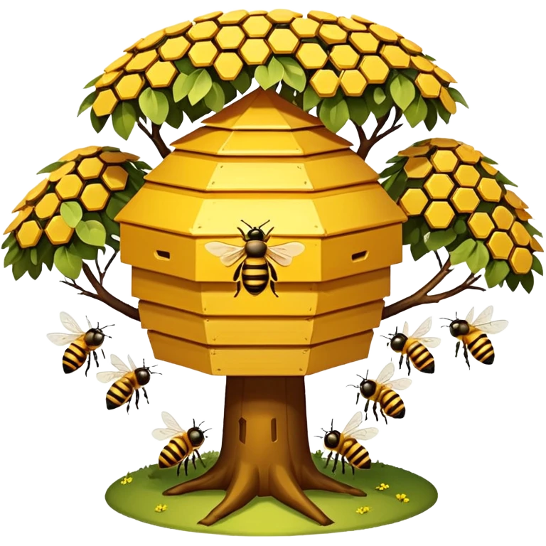 A small hive nestled between tree branches with worker bees. emoji