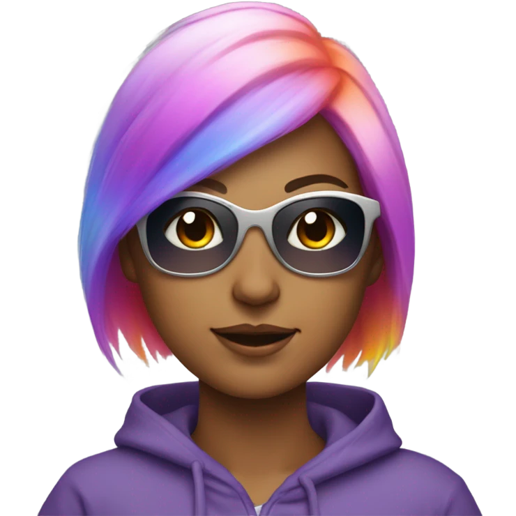 A white woman with rainbow hair, sparkly silver sunglasses, and a purple fuzzy hoodie with orange on the stomach emoji