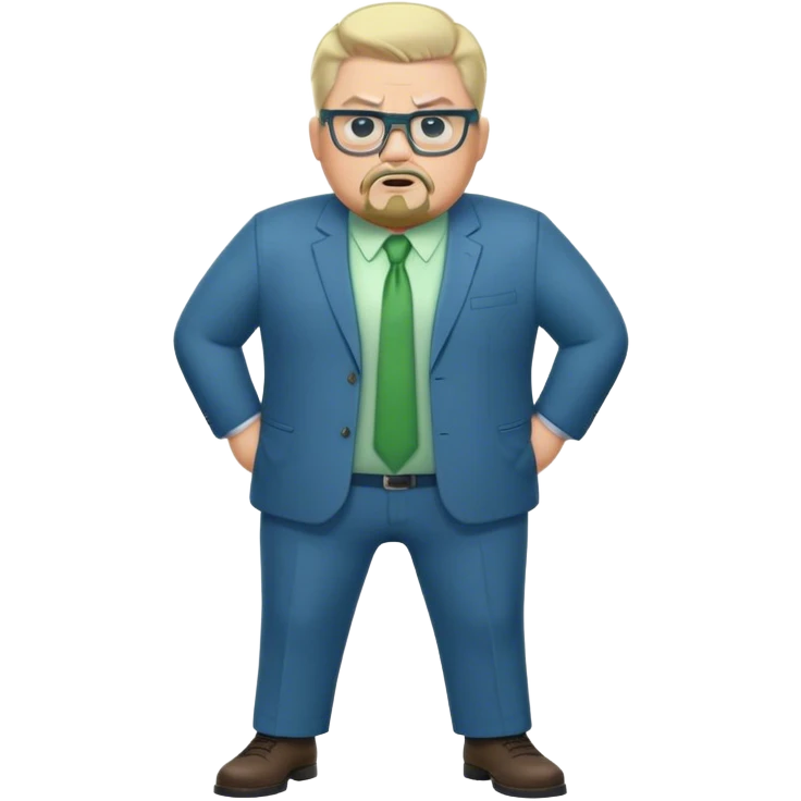 Full Body white male plus size wearing glasses with a goatee with light blonde and gray very short hair angry head Coach in blue and green suit emoji