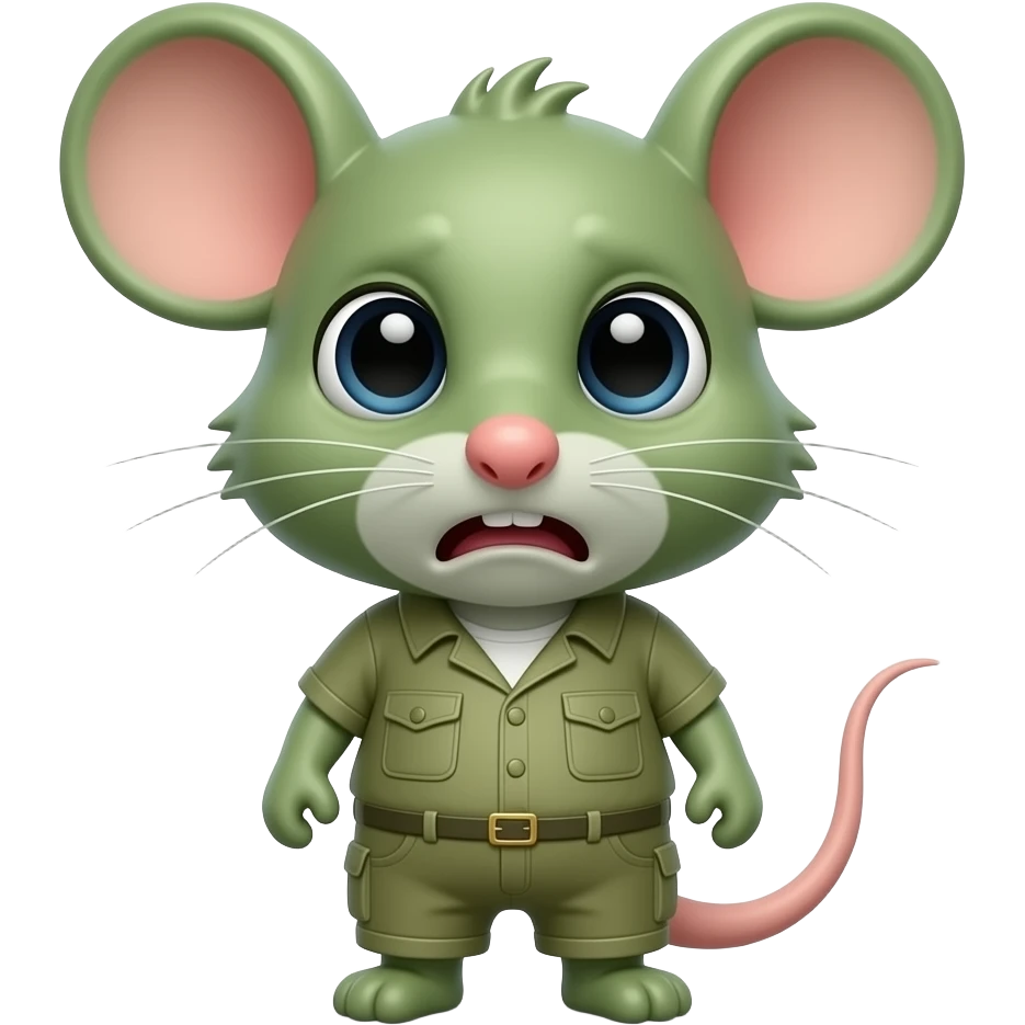 A little green mouse shaped like a little human dressed in khaki green, looking at us with a disgusted and nauseating expression because he feels like throwing up. emoji