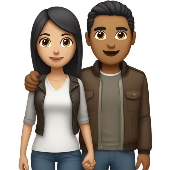 a couple holding hands. the guy has black middle part hair and is Persian and Filipino mix, wearing a jacket. the girl has brown hair white and asian mix, wearing a crop top. emoji