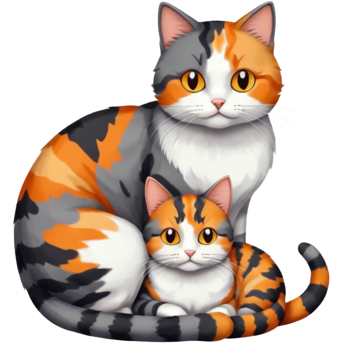 full body colourful light patched calico + white tabby cat cuddling a large dark grey and white tabby cat  emoji