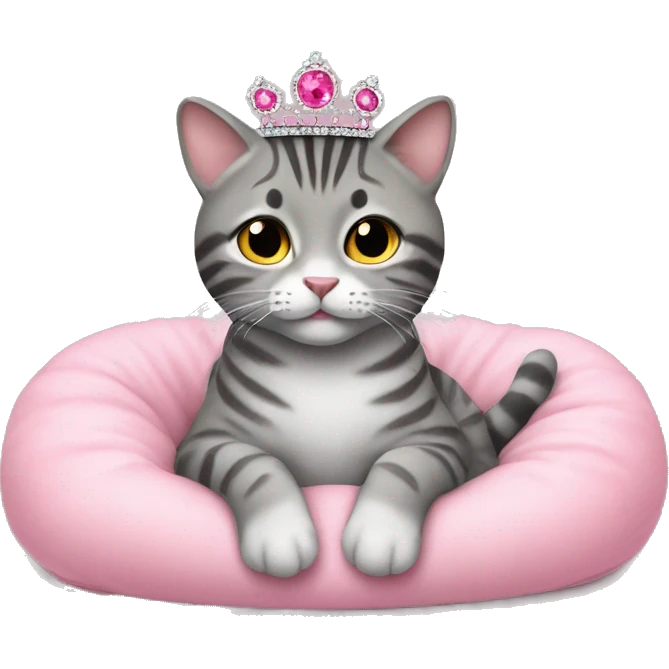 gray tabby sitting on pink pillow wearing pink gem tiara  emoji