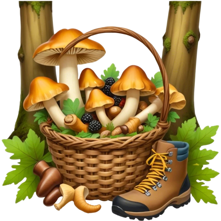 Icon for Mushroom and Berry Tourism: a basket filled with mushrooms chanterelles, boletus and aspen and berries, surrounded by forest elements like trees, leaves and a hiking boots. The icon should capture the joy of foraging in nature. Transparent background. emoji
