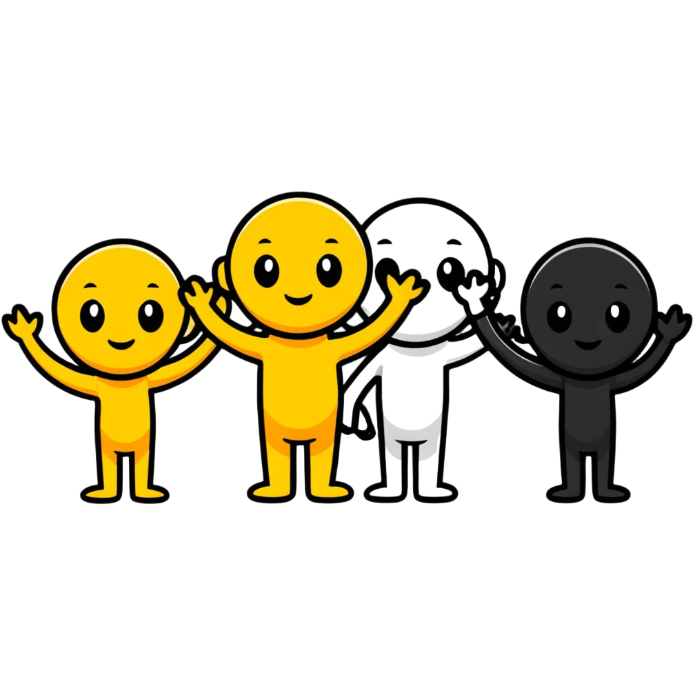Three cartoon characters: X, 1, and X as individuals with faces and limbs emoji