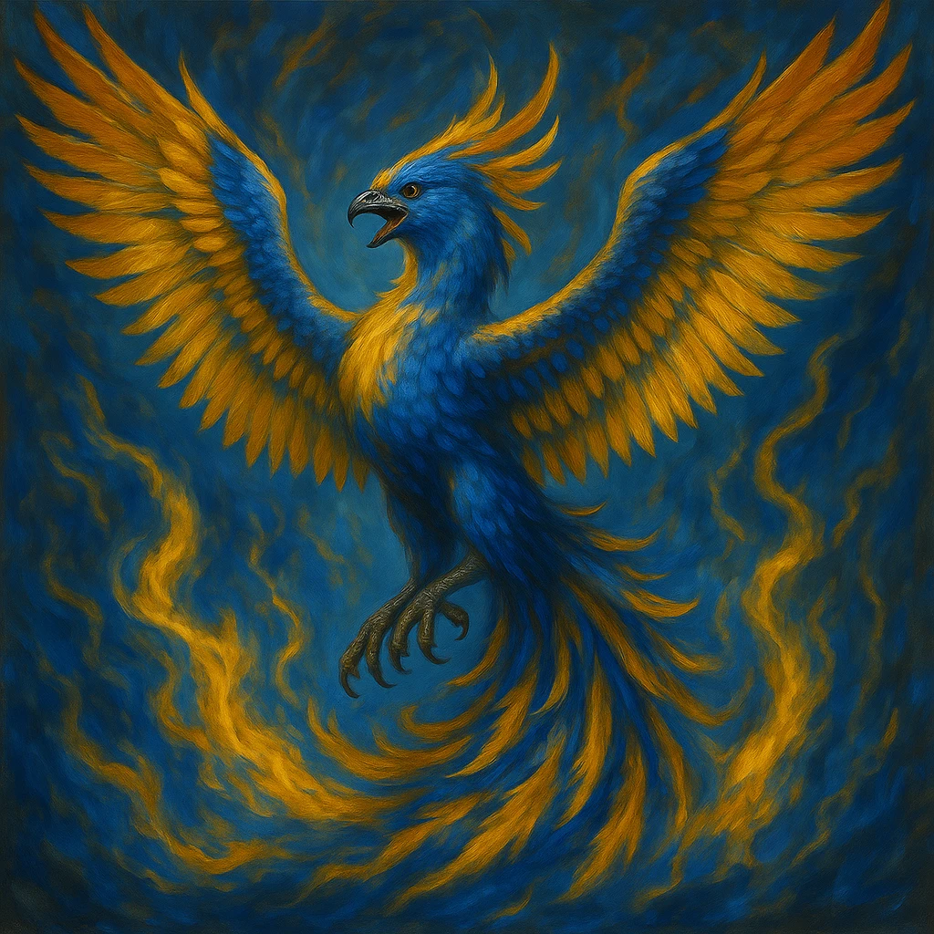 Change the phoenix to blue and gold colors, keep the majestic, fiery, dynamic style, wings spread, vibrant pose. emoji