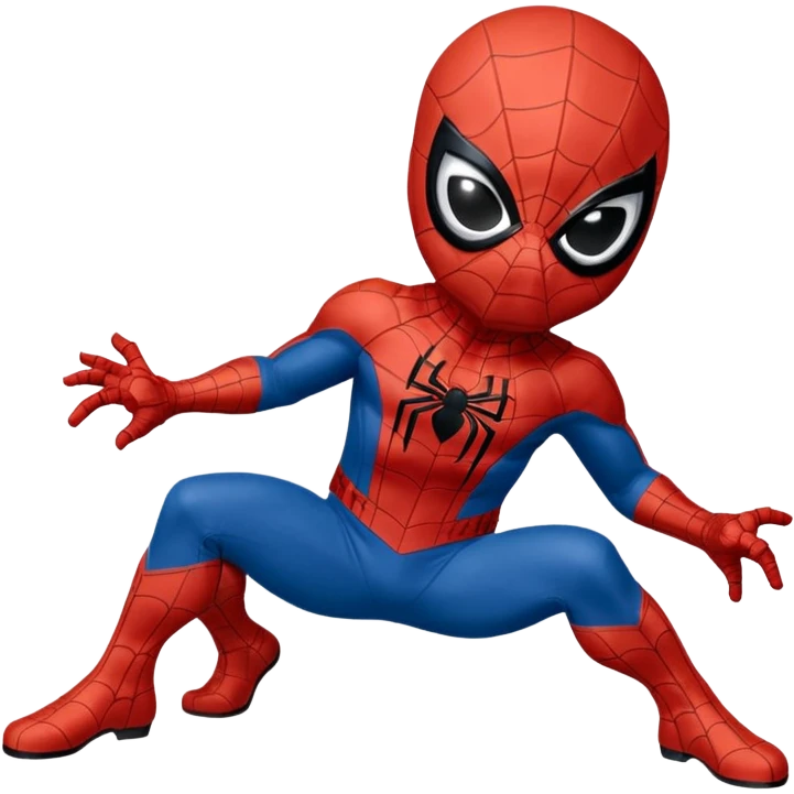 Un piccolo Spider-Man stilizzato in versione “chibi” o cartoonesca, appeso a testa in giù da un filo di ragnatela sottile. Il costume è classico,  La posa è compatta, con le braccia e le gambe piegate verso il corpo, dando un senso di leggerezza e simpatia.  emoji