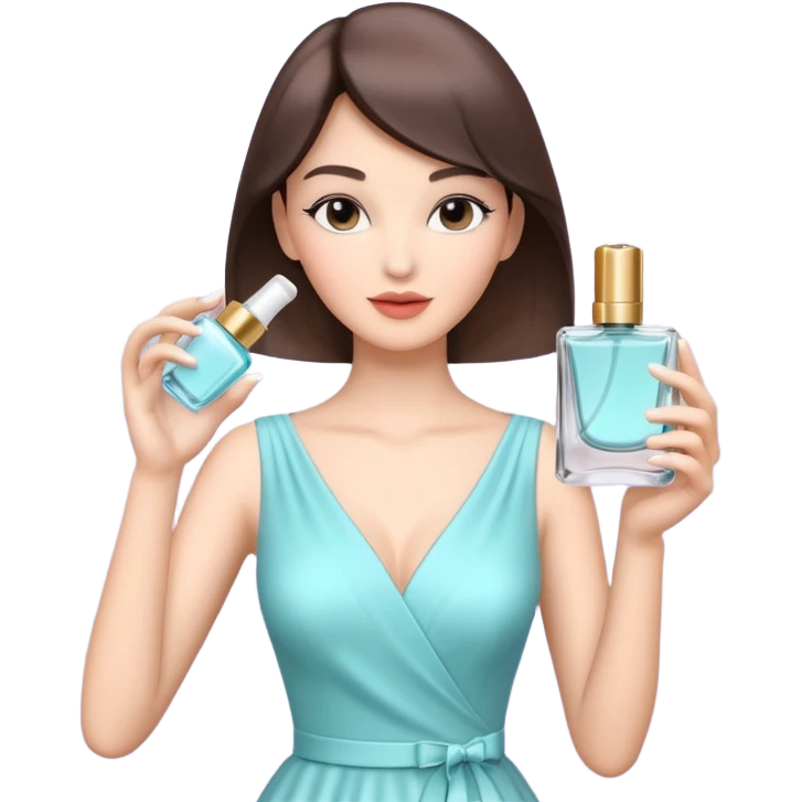 stylish woman spraying perfume, holding a perfume bottle, soft mist spray in the air, elegant pose, 3D cartoon, mobile game icon style, clean background, no text, no watermark

 emoji