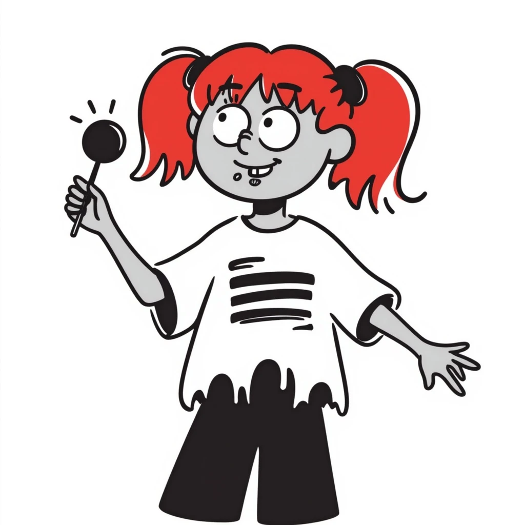 zombie girl with red hair, braces, and nose piercings, hand drawn doodle style emoji