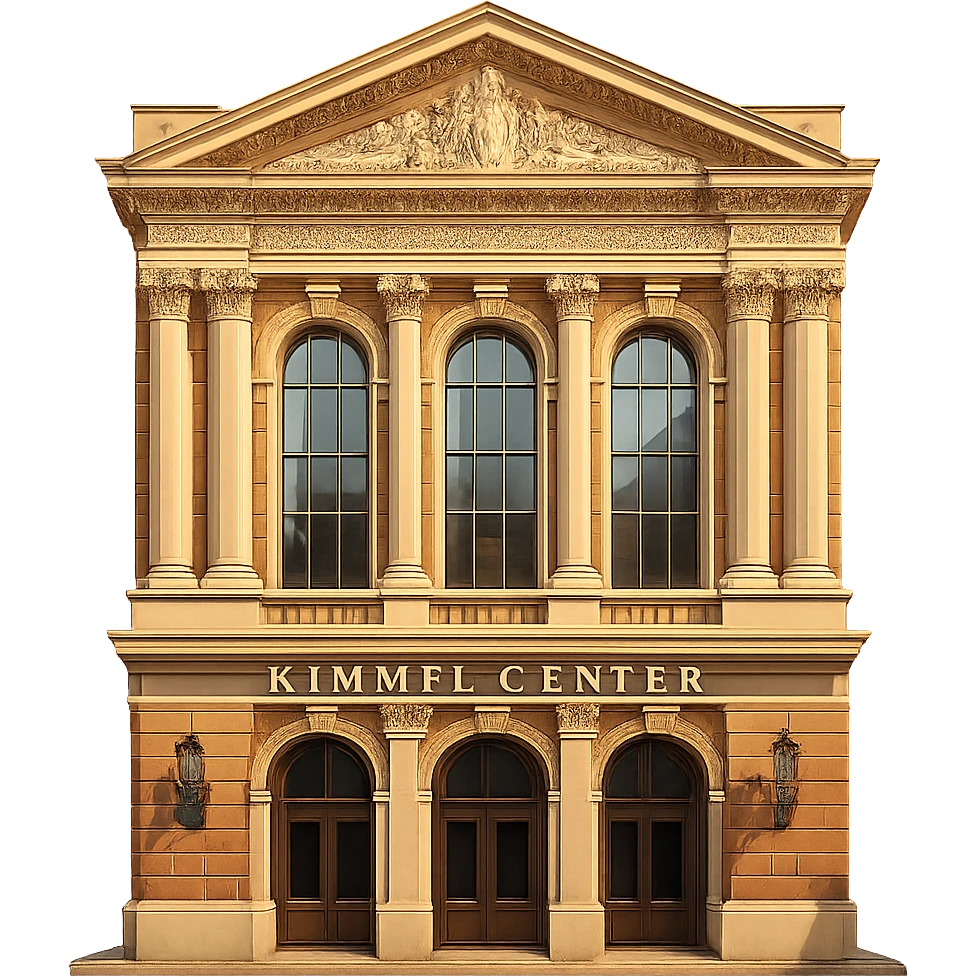 cinematic, realistic emoji of the Kimmel Center Theater in Philadelphia, straight-on perspective, featuring majestic, ornate architecture, lifelike detail, bright regal lighting as on a sunny day, accurate building colors emoji