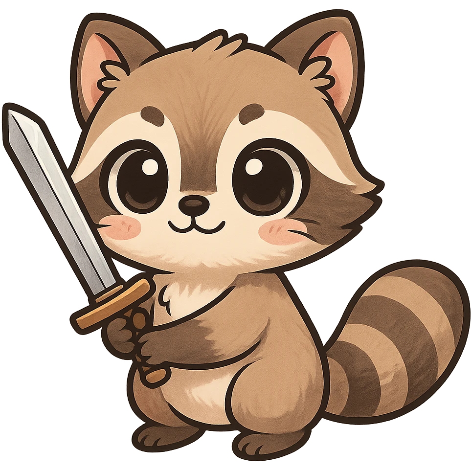 cute manga-style raccoon holding a sword, chibi style, big eyes, adorable expression emoji