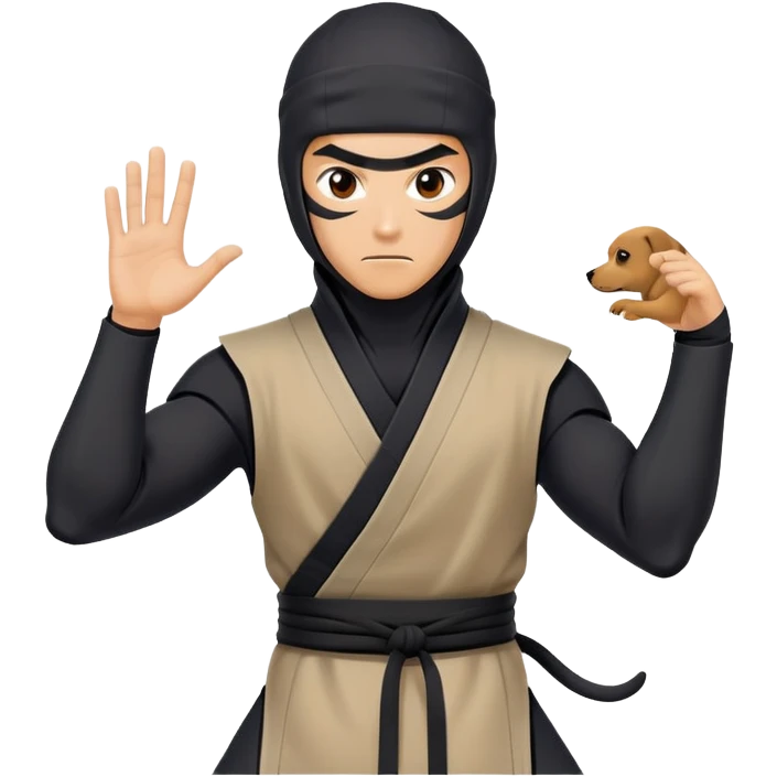 clash-of-clans-aesthetic_-cinematic-mysterious-male-ninja-portrait-emoji, rendered in a flat, vector-style with minimal shading and bold, simplified shapes, his arm is stretched out  with a head slightly turned revealing intense, focused eyes. the ninja is accompanied by a Ninken dog emoji