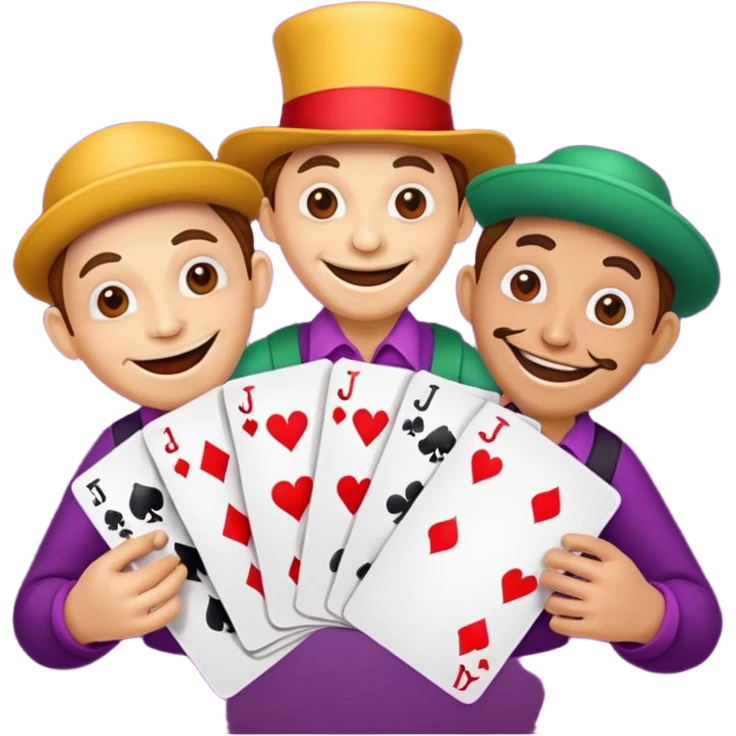 3 poker cards, with crazy colorful human jolly jokers inside, puppeteers emoji