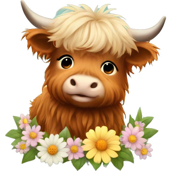 Cute Fluffy Highland cow baby sitting with flowers in hair emoji