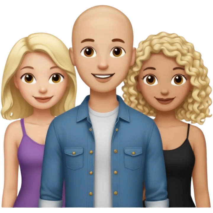 throuple tatted bald boyfriend with two girlfriends, one long blonde hair, other short curly brunette  emoji