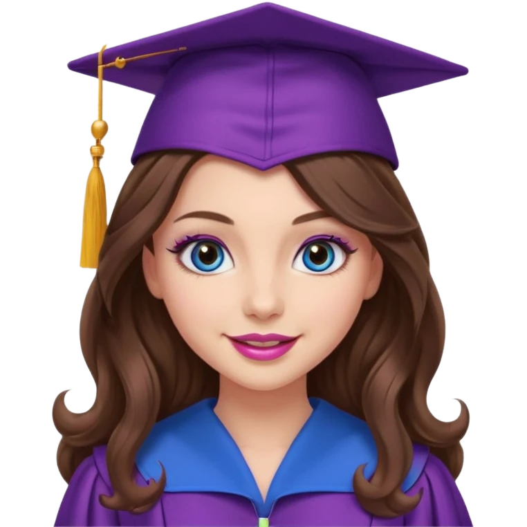 girl with gorgeous curled long brown hair, blue eyes, long lashes makeup, sexy pink lips, wearing a purple graduation cap and gown emoji
